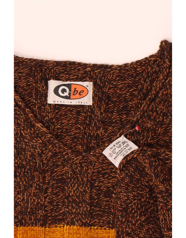 Pulover vintage pentru bărbați cu decolteu în V, mare, maro, lână color bloc