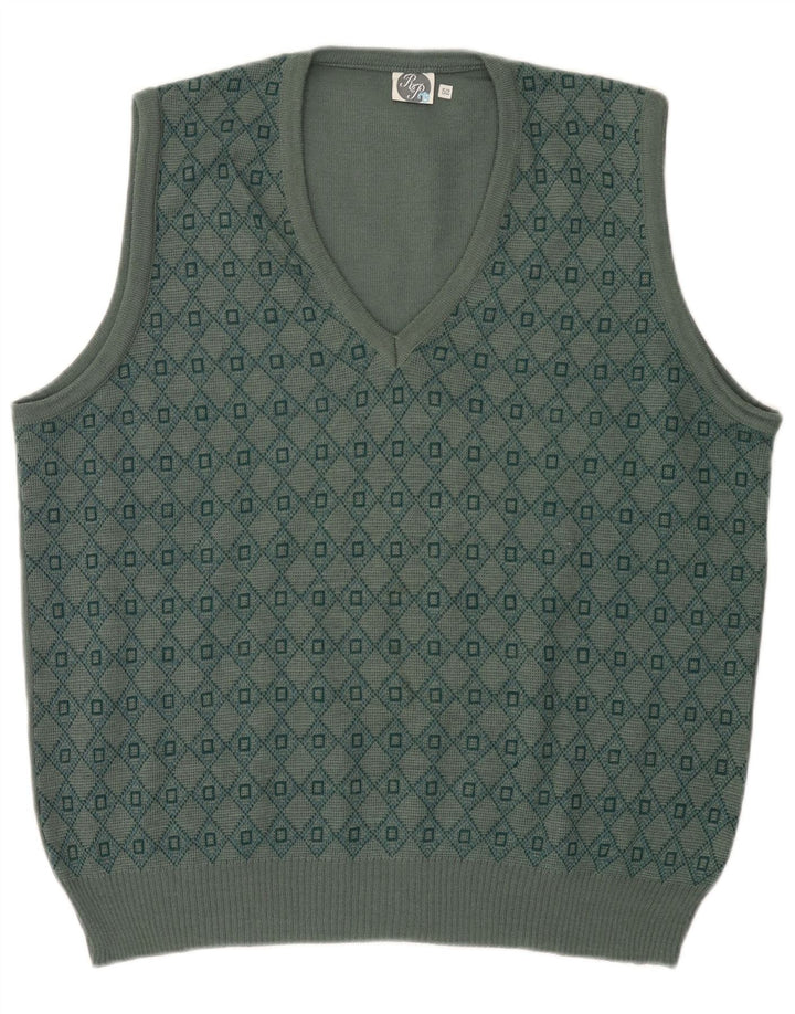 Vintage Mens Vest Tank Top IT 52 Large Green Geometric Wool