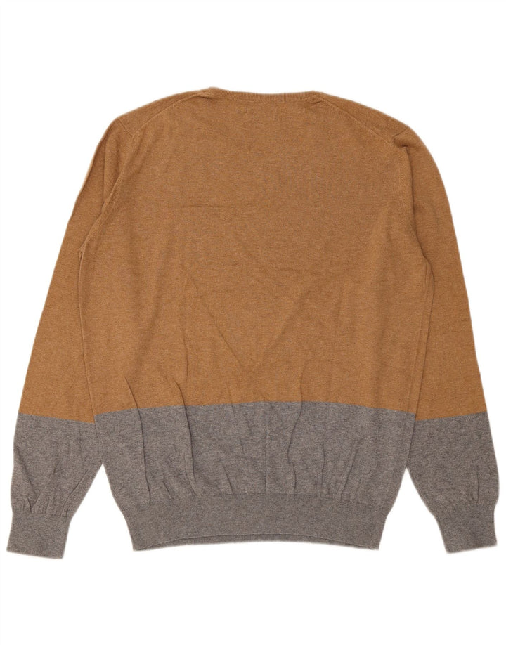 Pulover Massimo Dutti pentru bărbați cu gât roșu, bumbac color-bloc maro mediu