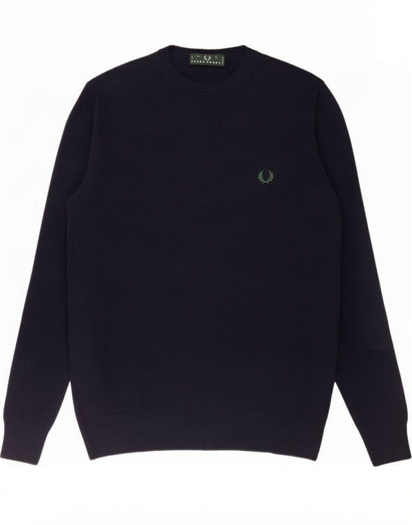 Fred Perry Mens Crew Neck Jumper Sweater Large Navy Blue Wool