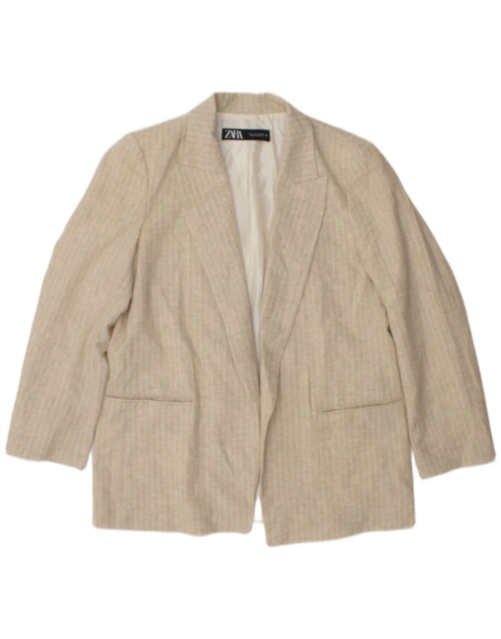 Jachetă Blazer pentru femei deschisă Zara UK 16 mare, bej, cu dungi