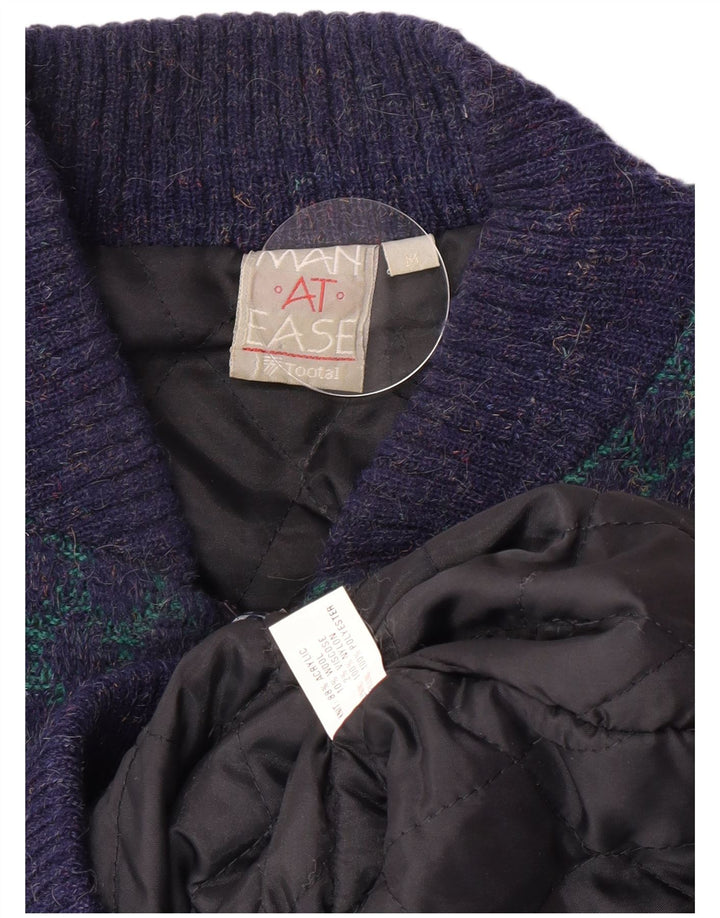 Jachetă Bomber Vintage pentru bărbați din tricot UK 38 Medium Blue Geometric Acrilic Retro