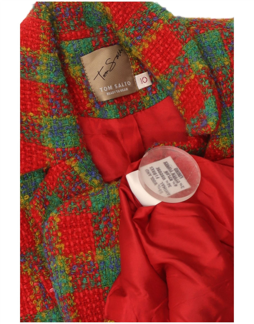 Jachetă vintage pentru femei cu 3 nasturi, UK 10, lână cu carouri mici, roșii