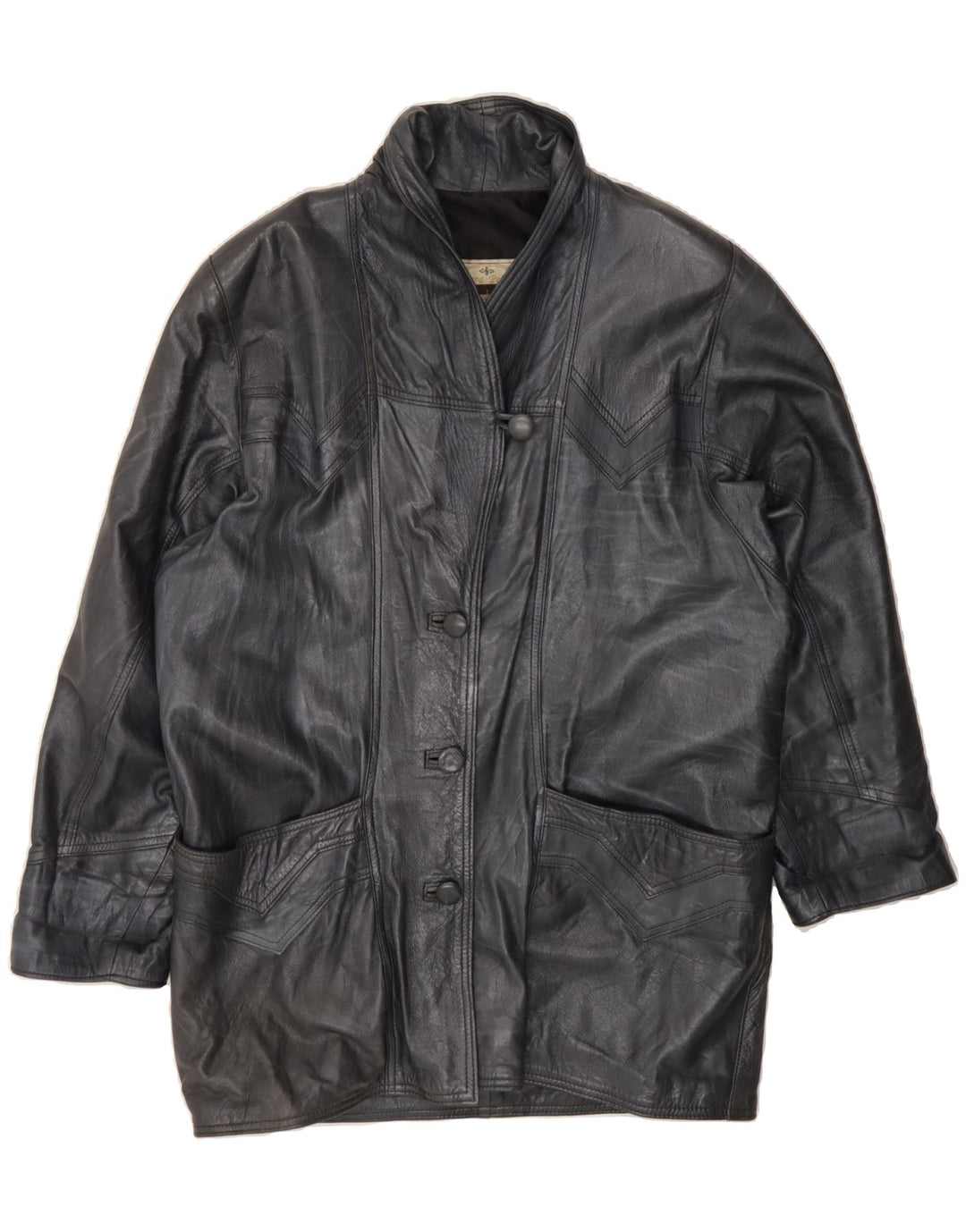 VINTAGE Womens Leather Coat UK 14 Medium Navy Blue Leather Vintage Vintage and Second-Hand Vintage from Messina Hembry 