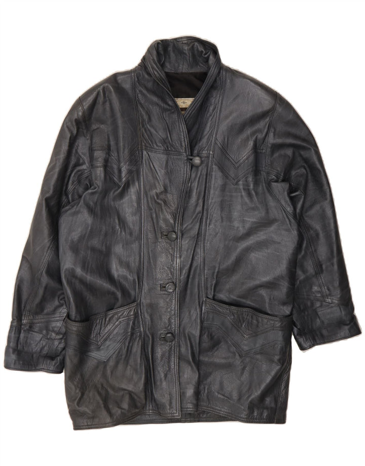 VINTAGE Womens Leather Coat UK 14 Medium Navy Blue Leather Vintage Vintage and Second-Hand Vintage from Messina Hembry 