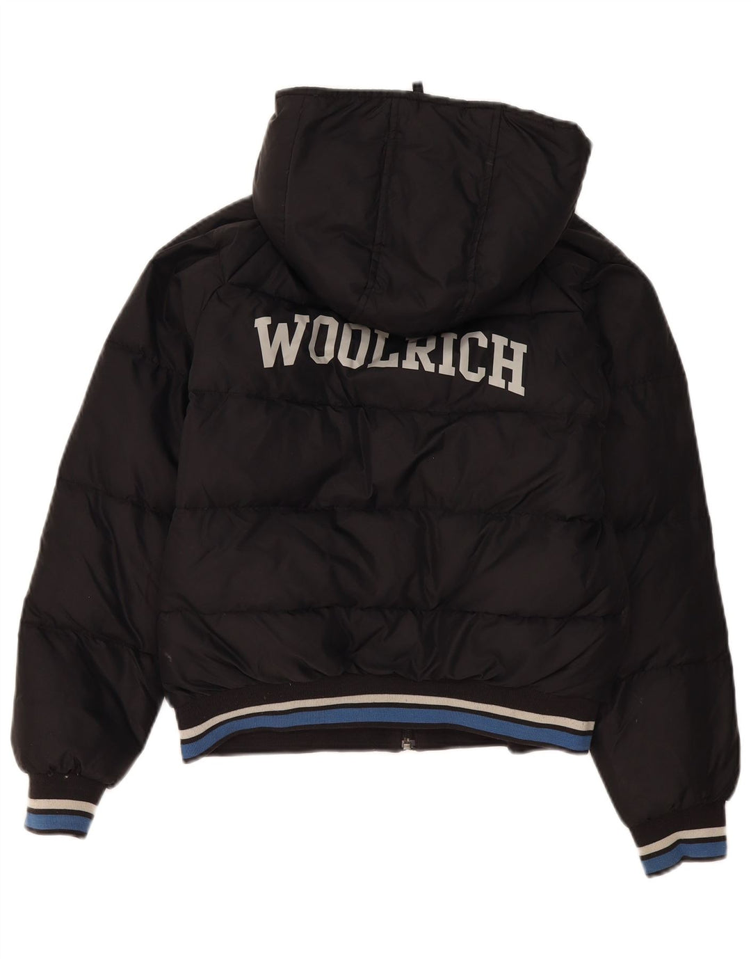 Jachetă căptușită cu glugă grafică Woolrich pentru băieți 11-12 ani, nailon negru