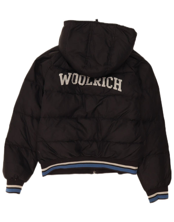 Jachetă căptușită cu glugă grafică Woolrich pentru băieți 11-12 ani, nailon negru