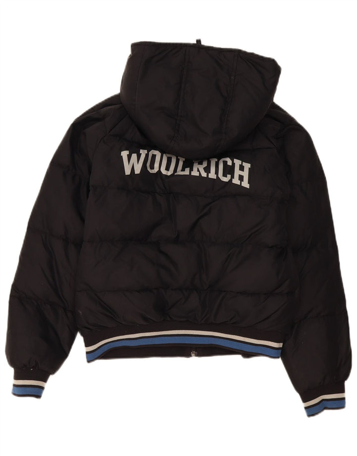 Jachetă căptușită cu glugă grafică Woolrich pentru băieți 11-12 ani, nailon negru