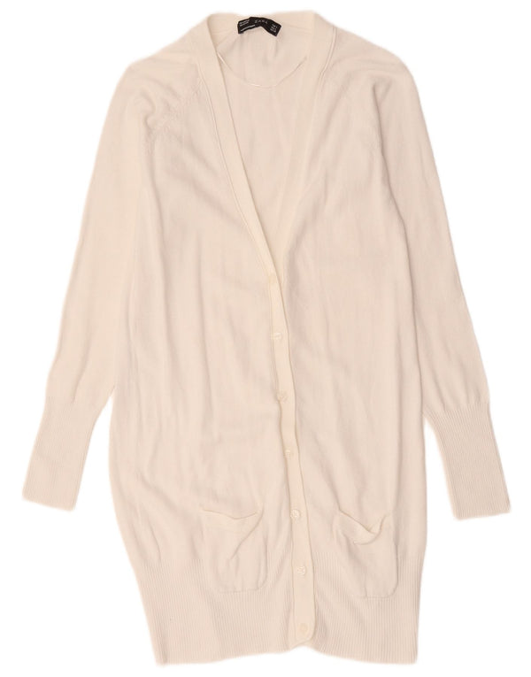 Zara Womens Longline Cardigan Sweater UK 14 Large White Cotton