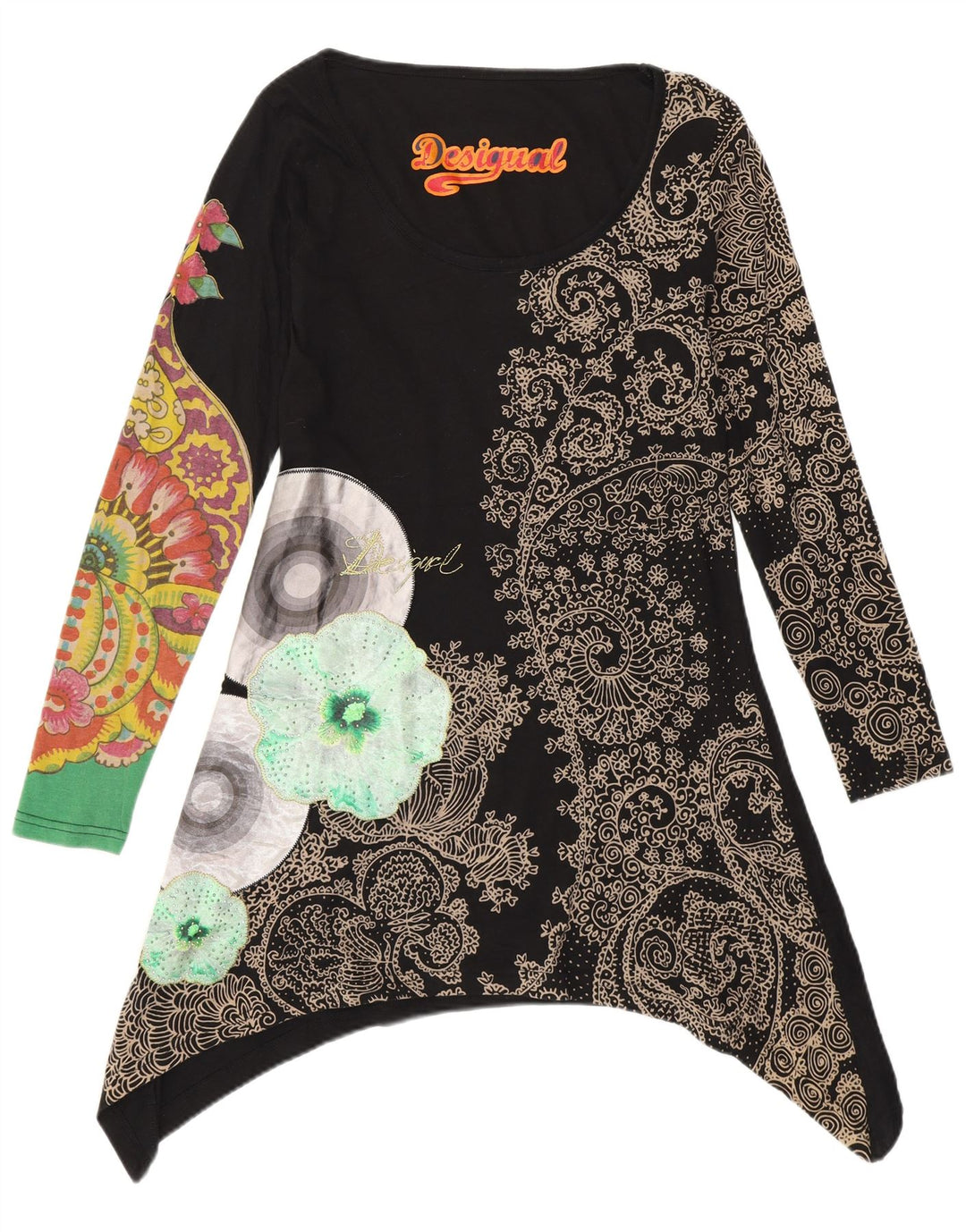 Desigual Womens Graphic Asymmetric Tunic Top UK 10 Small Black Floral