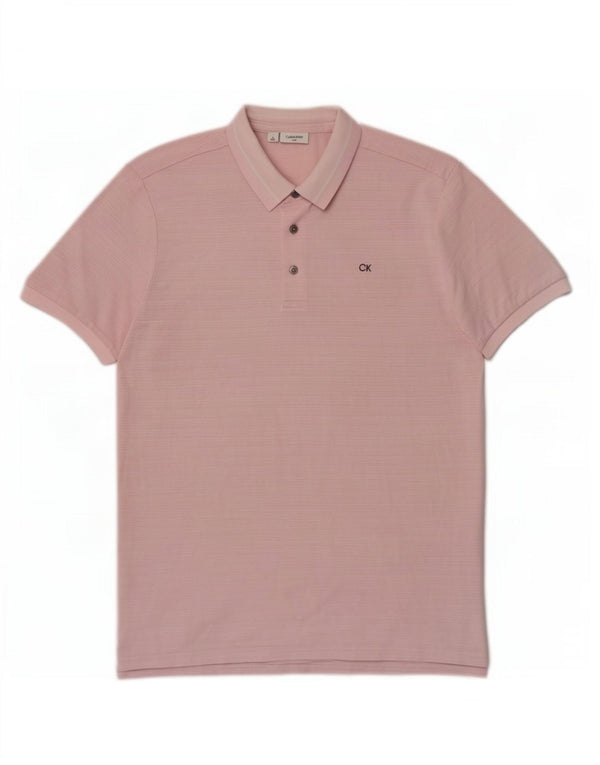 Cămașă polo Calvin Klein pentru bărbați, poliester cu dungi roz mediu