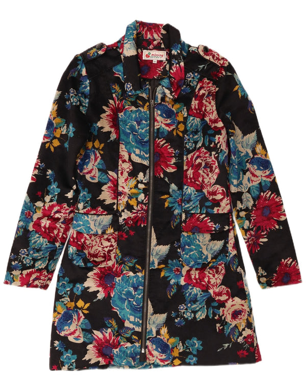 Pardesiu militar din catifea vintage pentru femei UK 6 XS bumbac floral negru