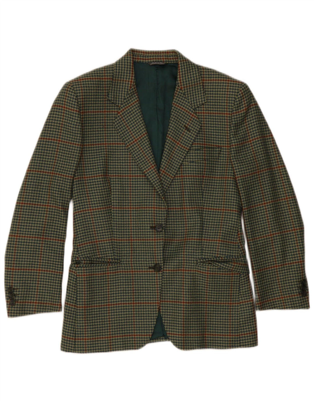 VINTAGE Womens 2 Button Blazer Jacket IT 40 Small Green Houndstooth Wool