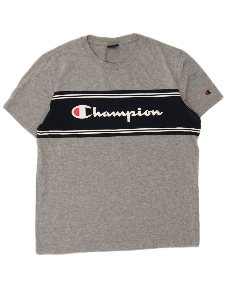 CHAMPION Mens Graphic T-Shirt Top Medium Grey Colourblock Cotton