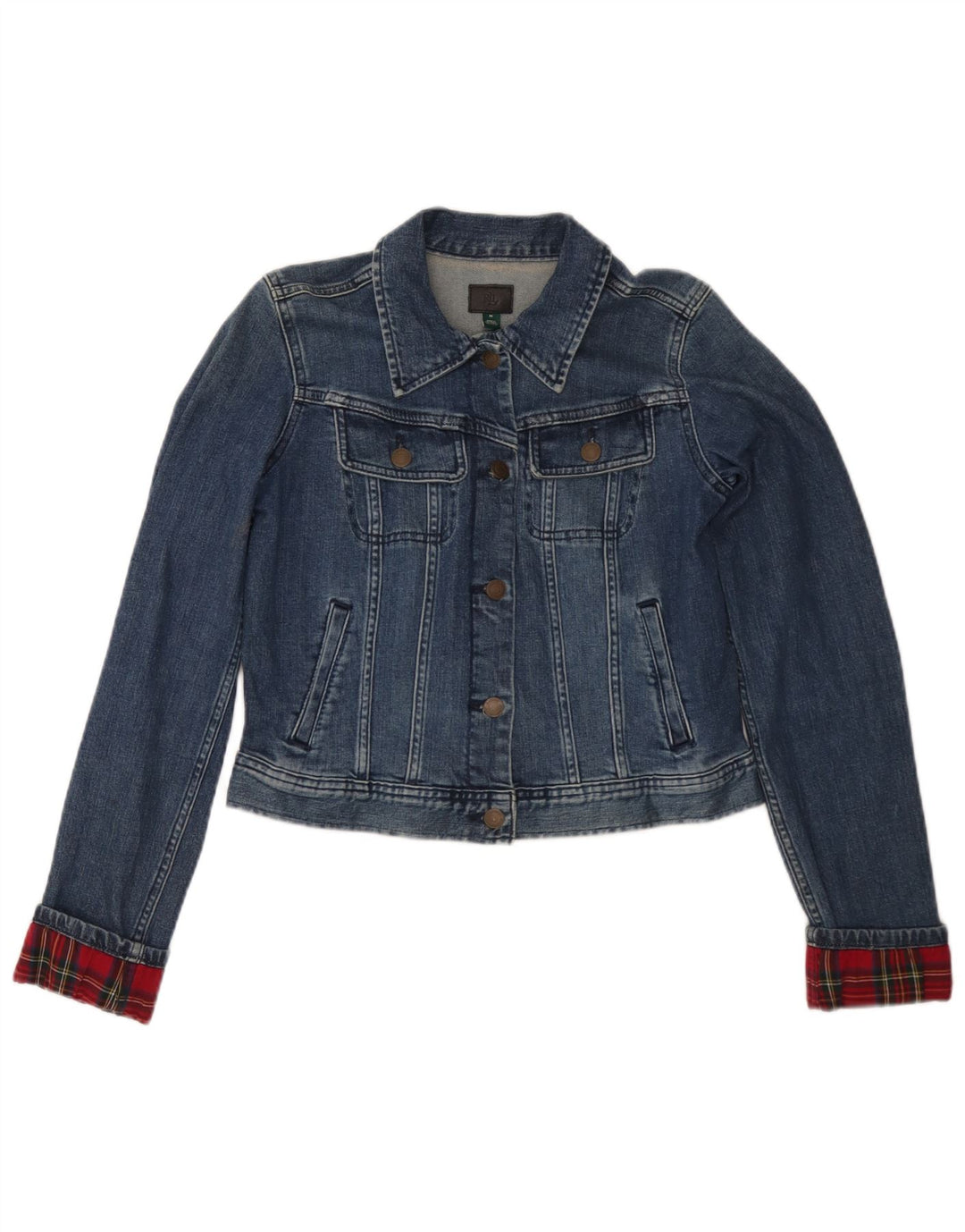 Jachetă de denim crop pentru femei Ralph Lauren UK 12, bumbac cu carouri albastru mediu