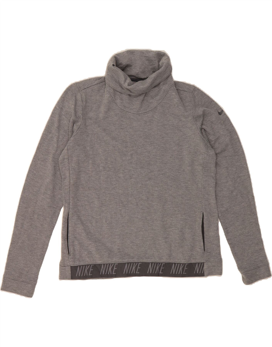 NIKE Womens Dri Fit Graphic Roll Neck Sweatshirt Jumper UK 14 Medium Grey Vintage Nike and Second-Hand Nike from Messina Hembry 