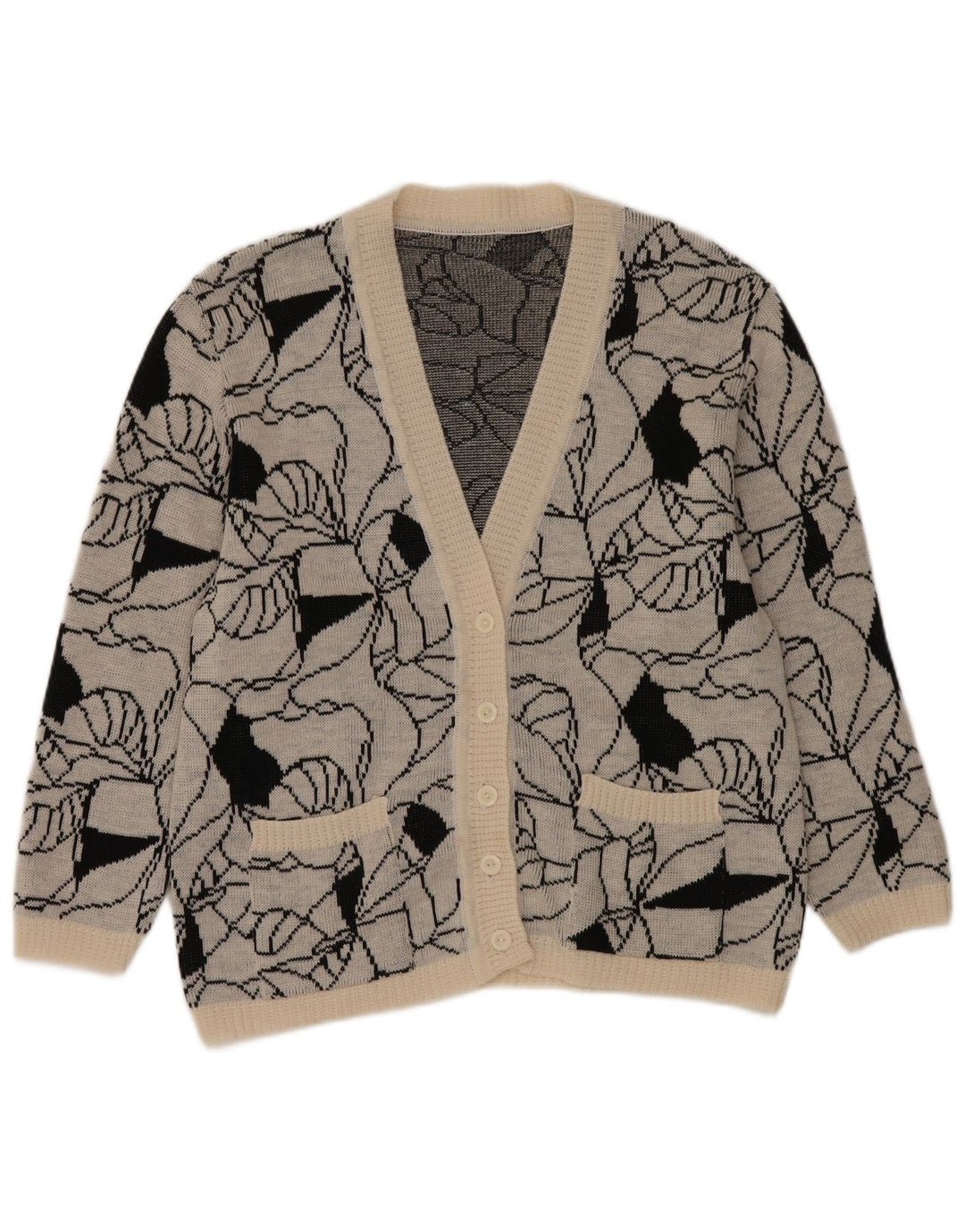Pulover cardigan vintage pentru femei cu model abstract, UK 14 mare, gri