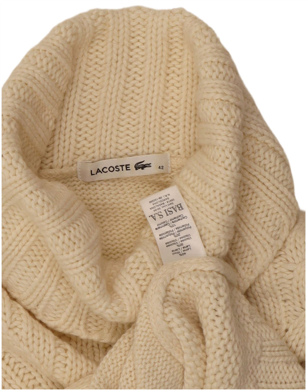 Pulover pentru femei Lacoste cu gât rulat, mărime 42, lână mare, alb