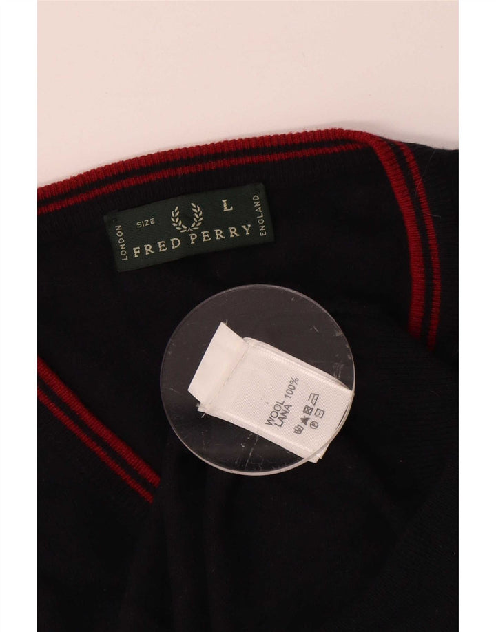 Fred Perry Pulover cu decolteu în V pentru bărbați, lână mare, albastru