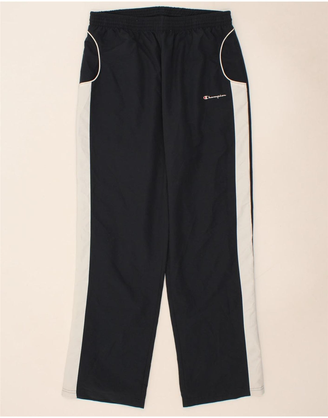CHAMPION Mens Tracksuit Trousers Large Navy Blue Colourblock Polyester Vintage Champion and Second-Hand Champion from Messina Hembry 