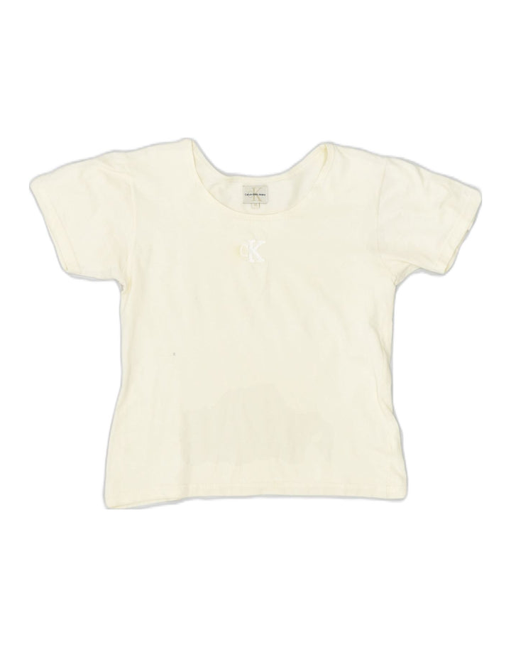 CALVIN KLEIN Womens Graphic T-Shirt Top UK 12 Medium Off White | Vintage | Thrift | Second-Hand | Used Clothing | Messina Hembry 