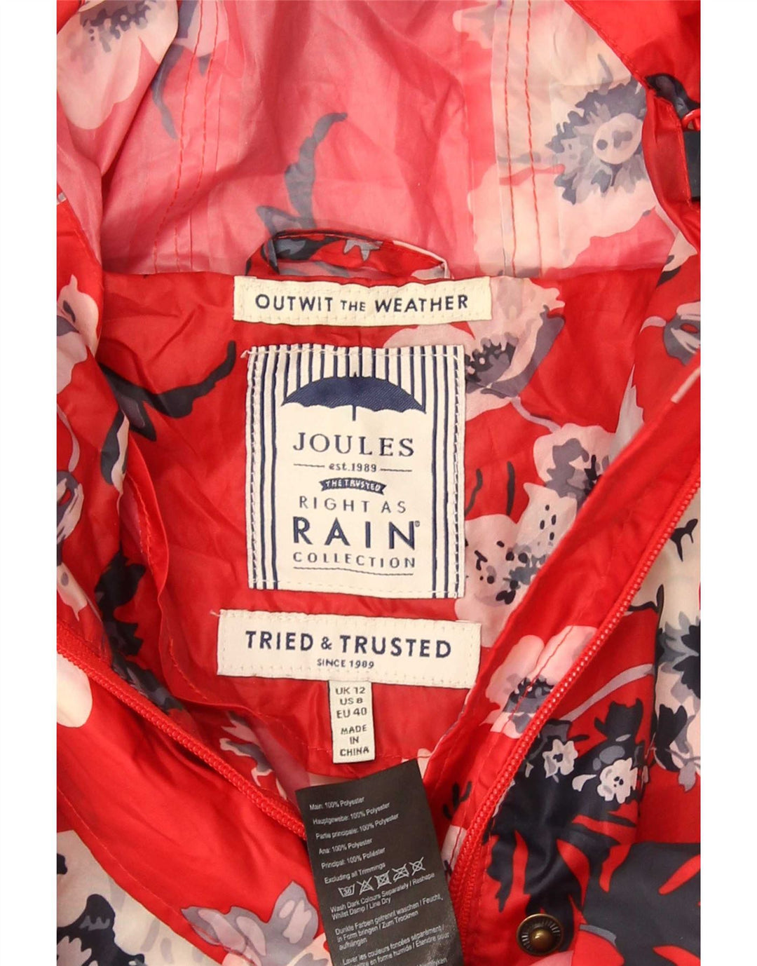 Pelernă de ploaie cu glugă pentru femei Joules UK 12 Medium Red Floral Poliester