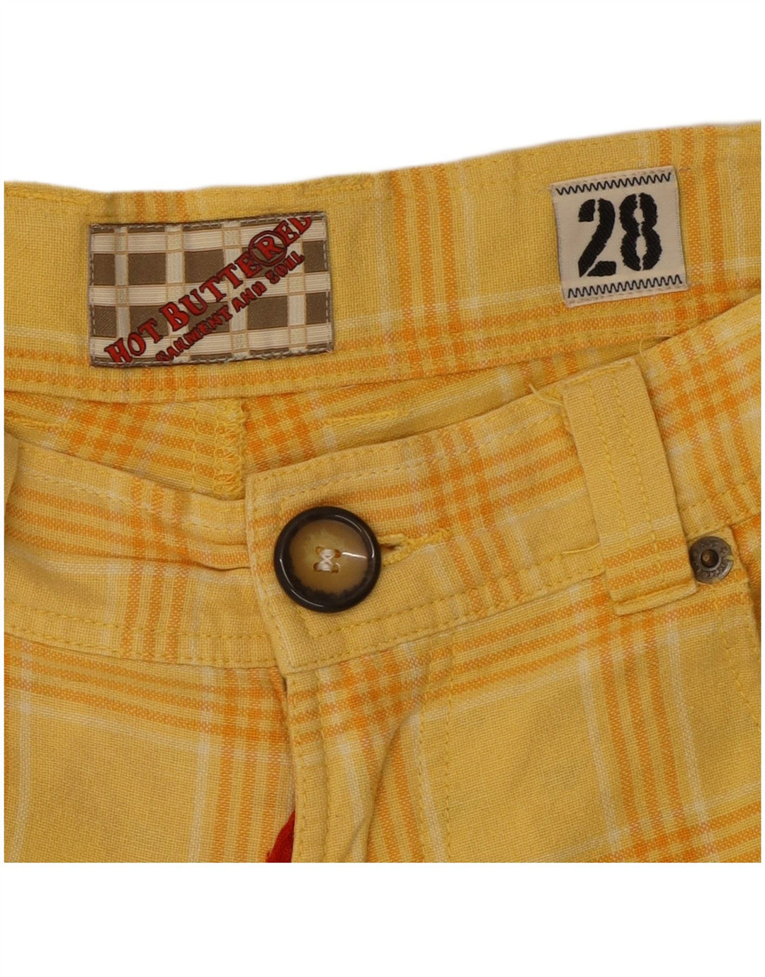 Pantaloni scurți casual vintage pentru femei W28, bumbac cu carouri galbene medii
