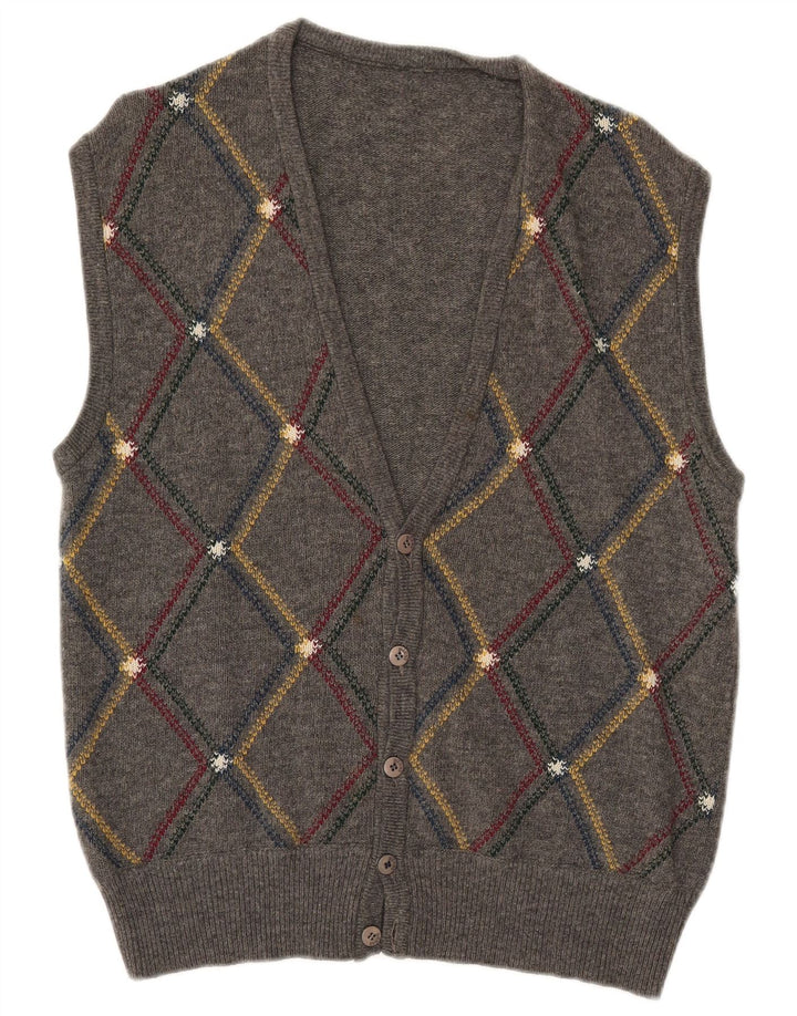 Pulover cardigan fără mâneci pentru bărbați VINTAGE, mare, gri Argyle/Diamond