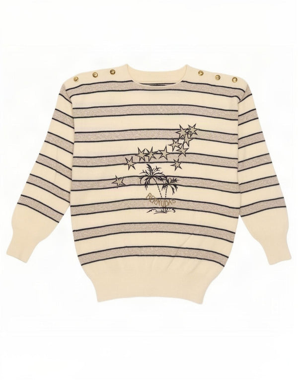 Pulover Vintage pentru damă cu decolteu rotund cu grafică IT 46 mare cu dungi albe