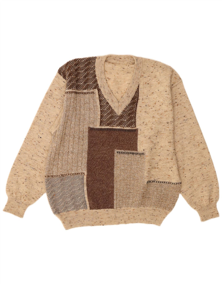 Pulover vintage pentru bărbați cu decolteu în V IT 48 Medium Bej Lână color bloc