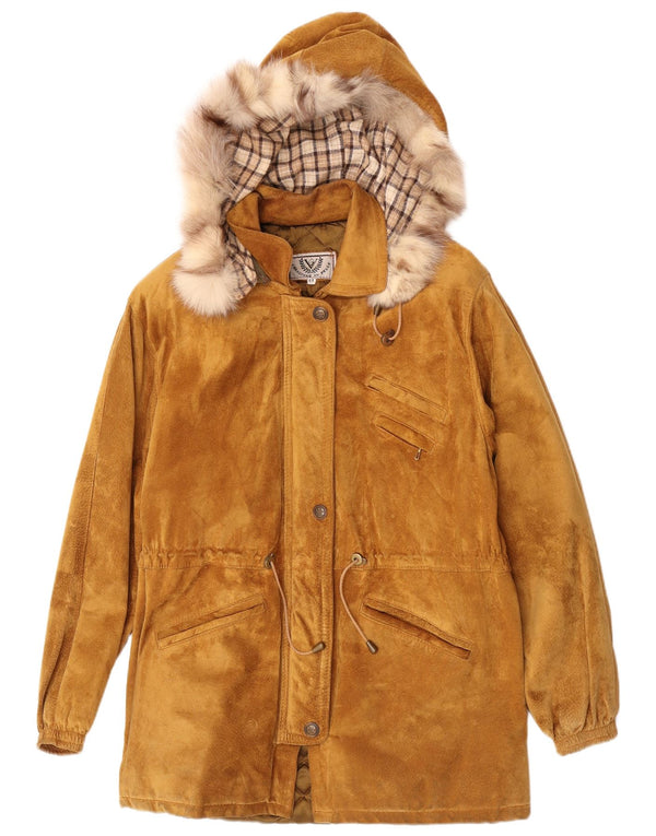 Jachetă Parka din piele intoarsa cu gluga Vintage pentru femei IT 44 Maro Mediu Piele Iarna