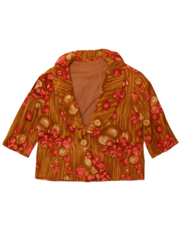 Bluză cămașă vintage pentru femei crop cu mâneci 3/4 UK 12, maro mediu, floral