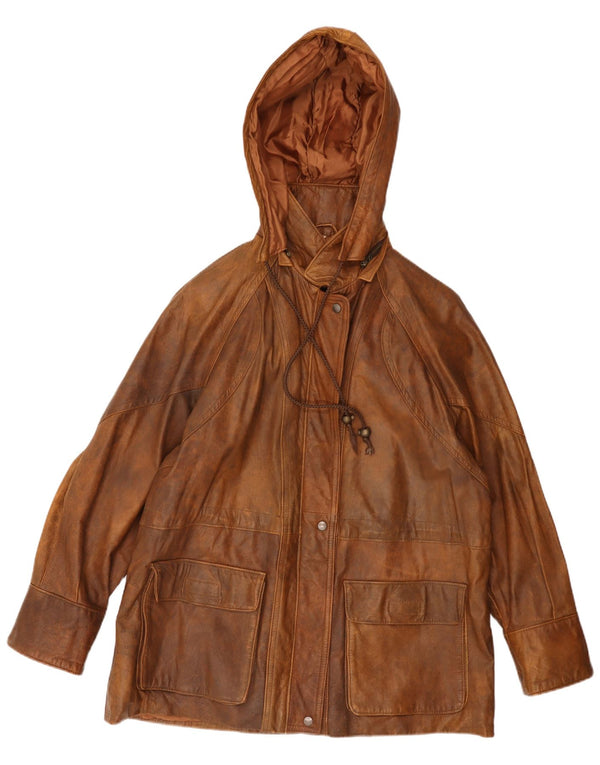 Jachetă de piele vintage pentru femei, cu glugă, ajustată, UK 16, maro, mare