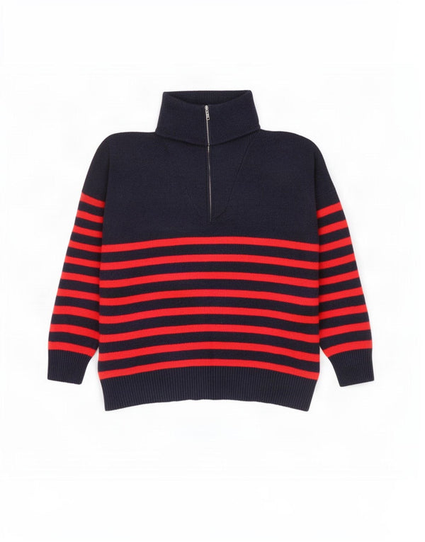 Pulover pentru femei Zara supradimensionat, cu fermoar, cu gât, UK 16, mare, bleumarin, cu dungi
