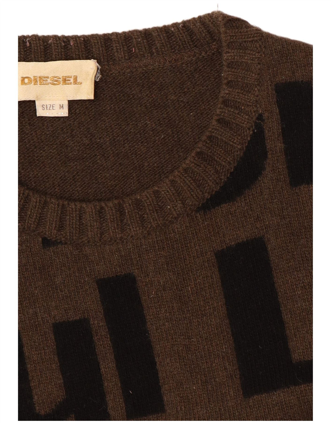 Pulover Diesel pentru bărbați, cu grafică, cu decolteu, lână maro medie