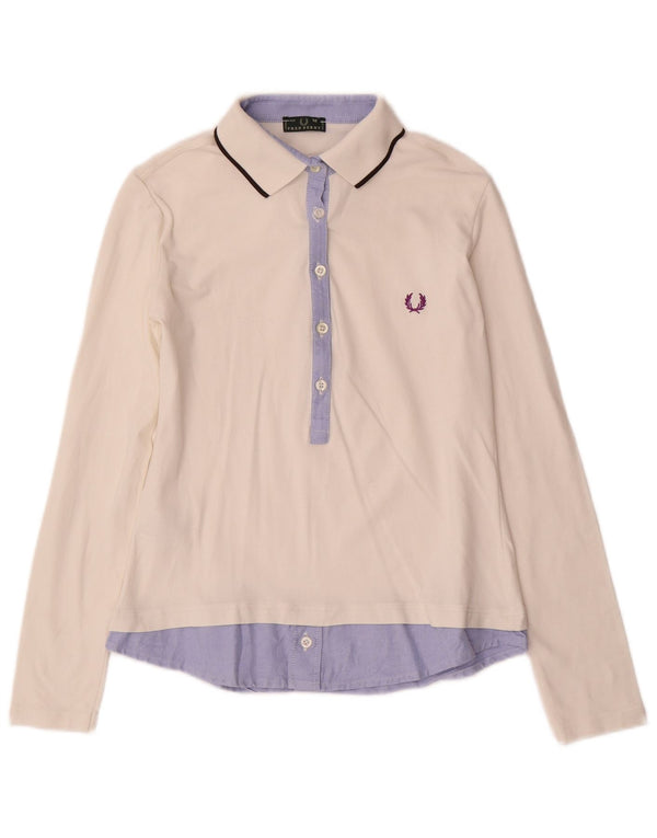 Fred Perry Tricou polo cu mânecă lungă pentru femei UK 12 Medium White Colorblock