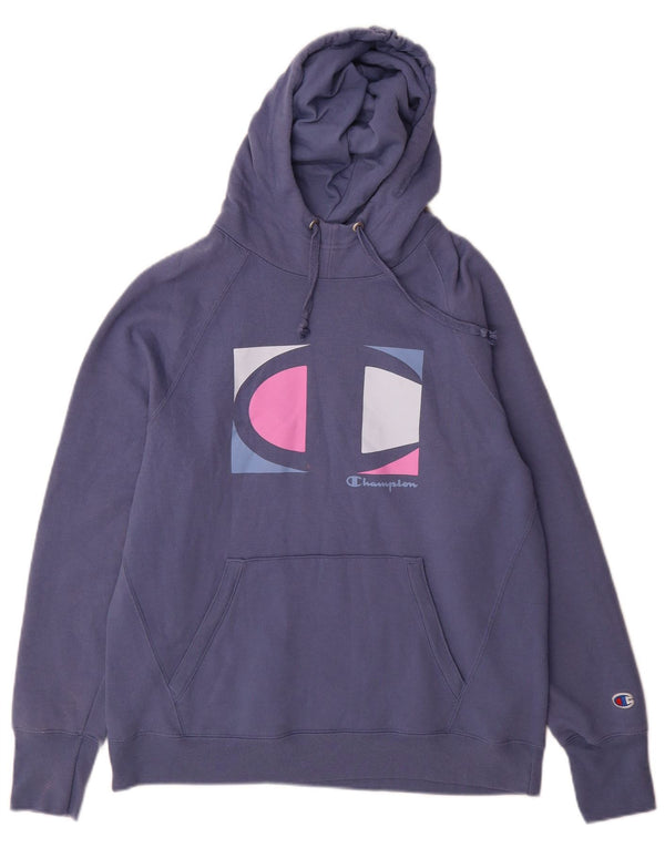 Champion Womens Graphic Hoodie Jumper UK 16 Large Blue Cotton