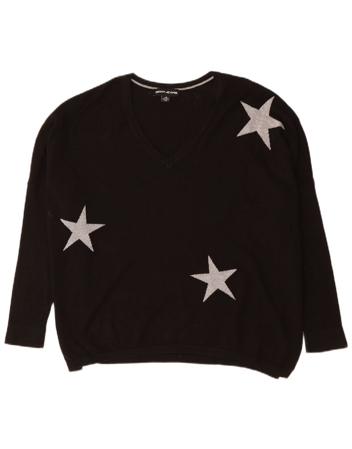 Dkny Pulover oversized cu decolteu în V cu grafic pentru femei UK 16 Large Black