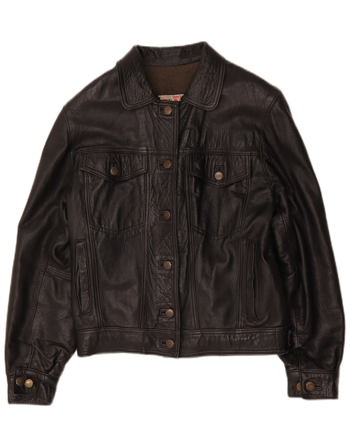 Jachetă de piele supradimensionată vintage pentru femei UK 10 Small Black
