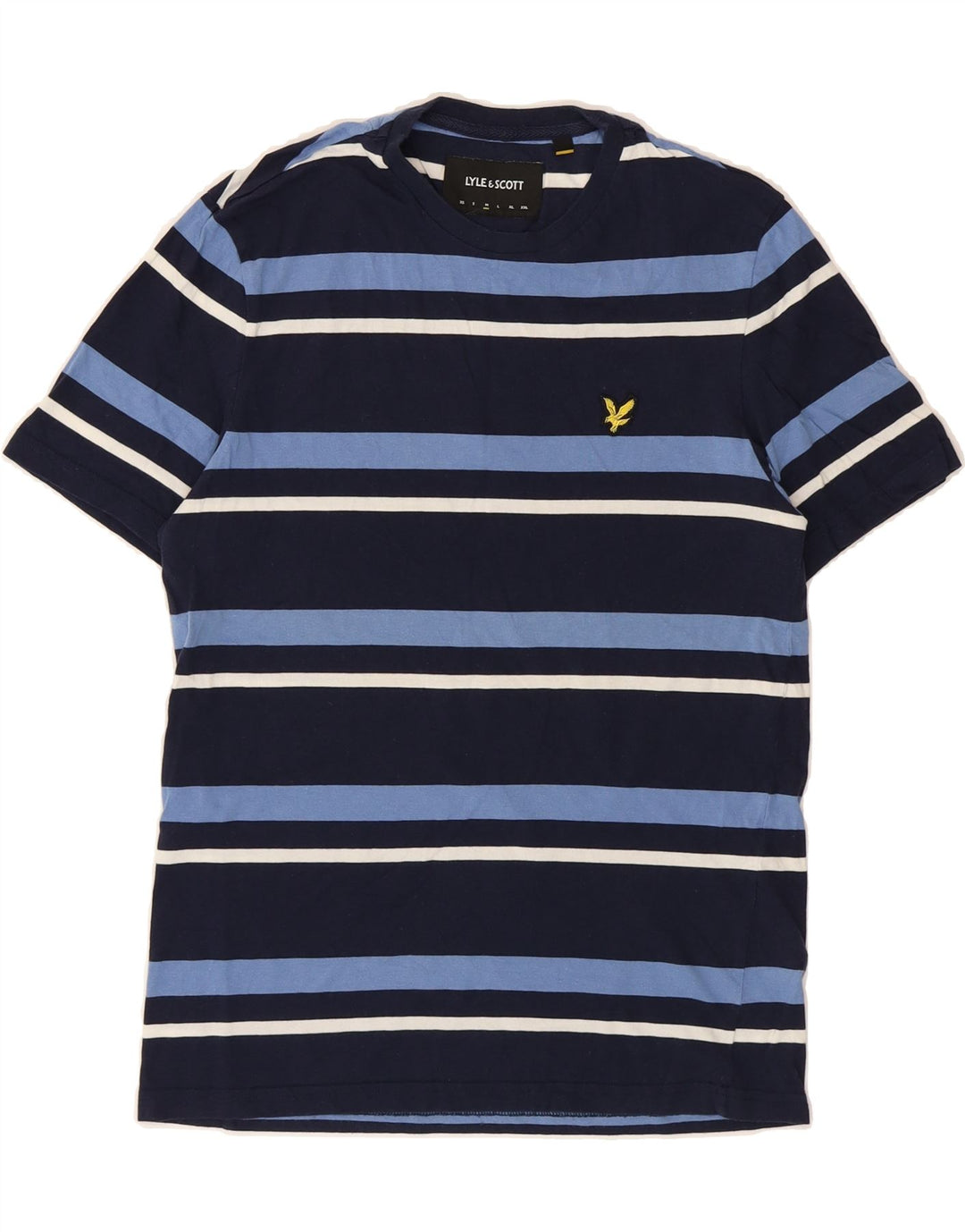 LYLE & SCOTT Mens T-Shirt Top Medium Navy Blue Striped Cotton Vintage Lyle & Scott and Second-Hand Lyle & Scott from Messina Hembry 