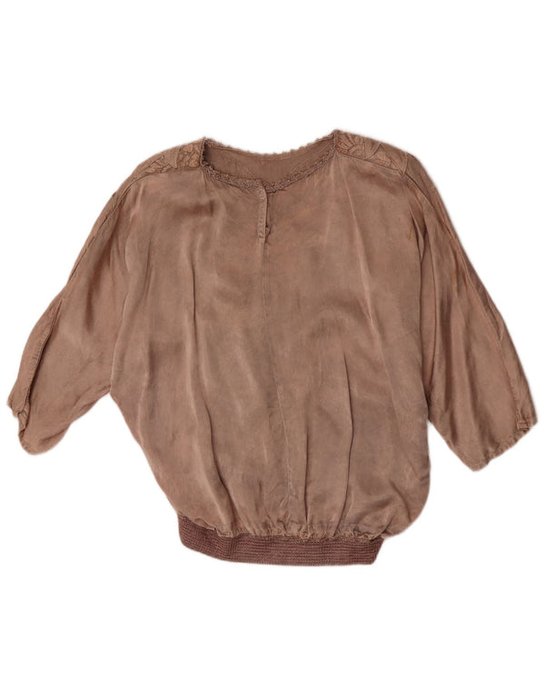 Bluză vintage cu mâneci 3/4 pentru femei UK 20 2XL maro viscoză florală