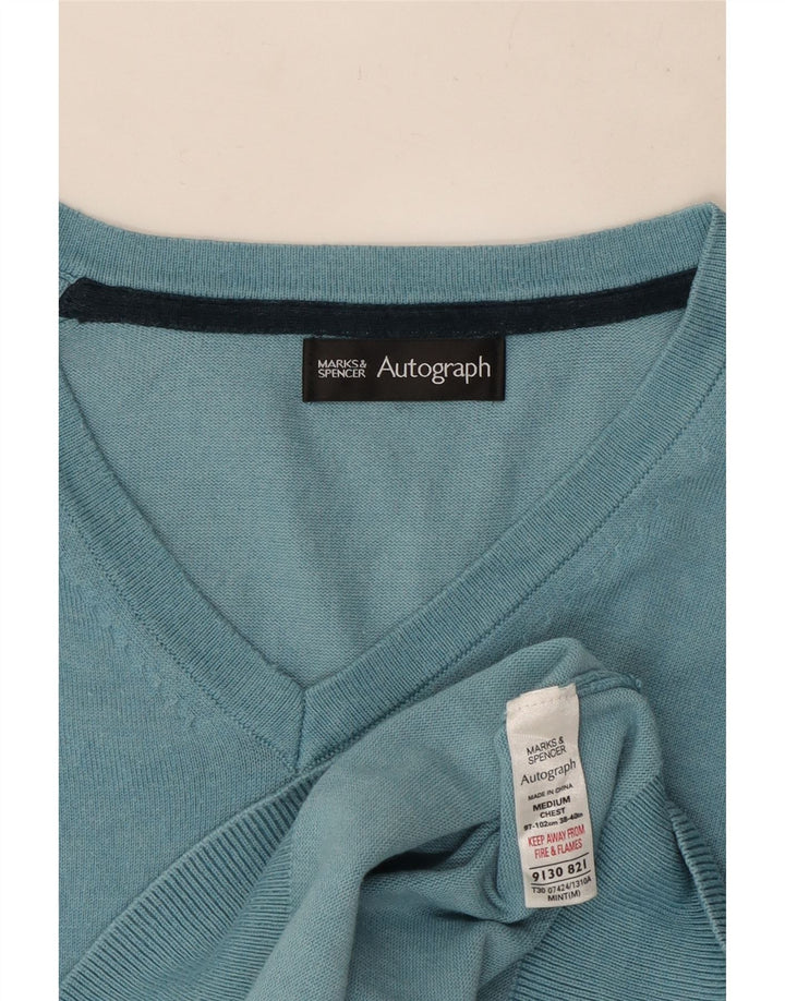 Pulover cu decolteu în V cu autograf pentru bărbați Marks & Spencer, bumbac albastru mediu