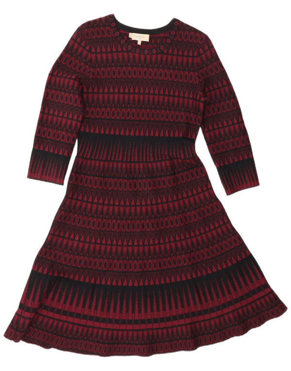 HOBBS Womens 3/4 Sleeve Jumper Dress UK 10 Small  Red Geometric Viscose