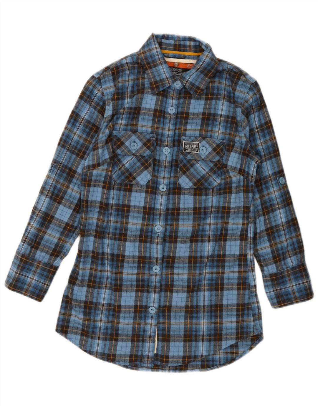 Cămașă de flanel pentru femei SUPERDRY cu mâneci 3/4 UK 10, bumbac cu carouri albastre mici