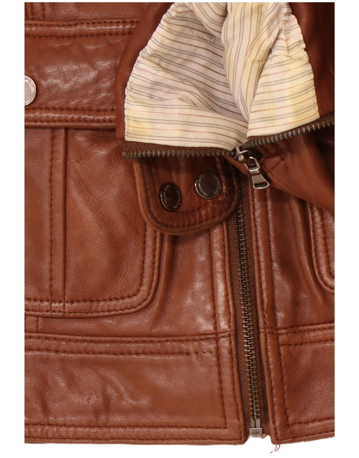 MASSIMO DUTTI Jachetă de piele crop pentru femei UK 10 Piele de oaie maro mică