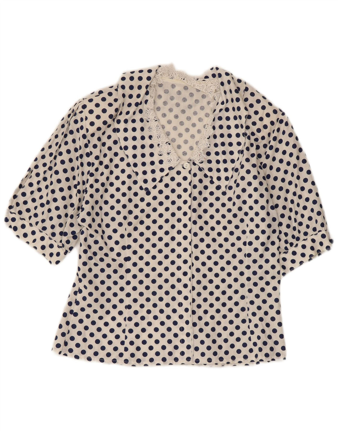 Bluză cămașă pentru femei VINTAGE cu mânecă jumătățită UK 12, mediu alb, buline