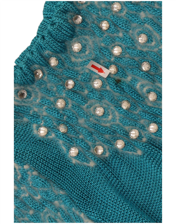 Pulover vintage pentru femei cu model abstract, cu decolteu rotund, mare, albastru UK 14