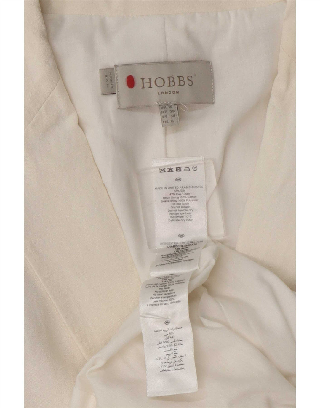 Jachetă Hobbs pentru femei, cu 1 nasture, mătase albă, UK 10