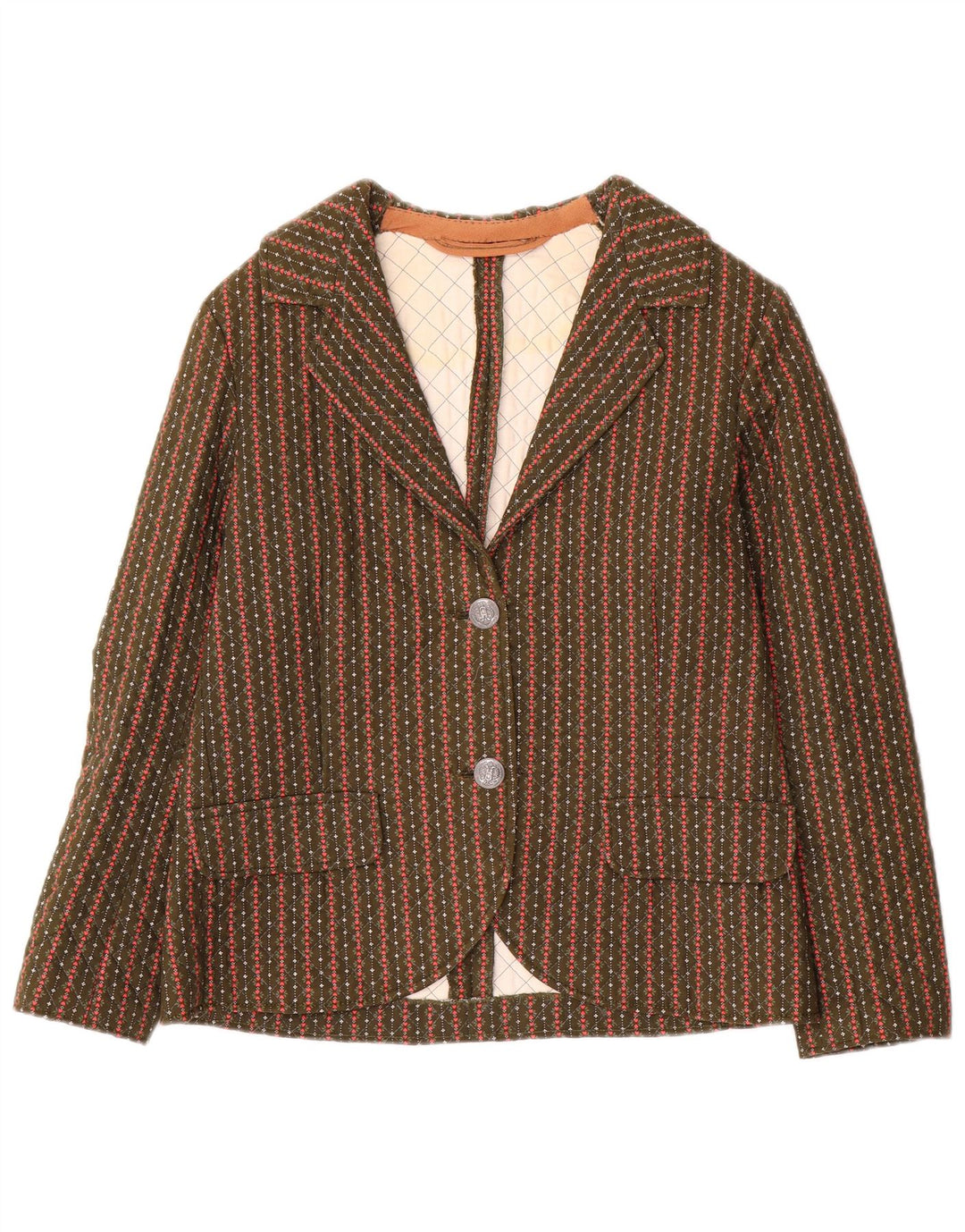 Jachetă vintage pentru femei cu 2 nasturi, Marea Britanie 8 Mici Kaki cu dungi