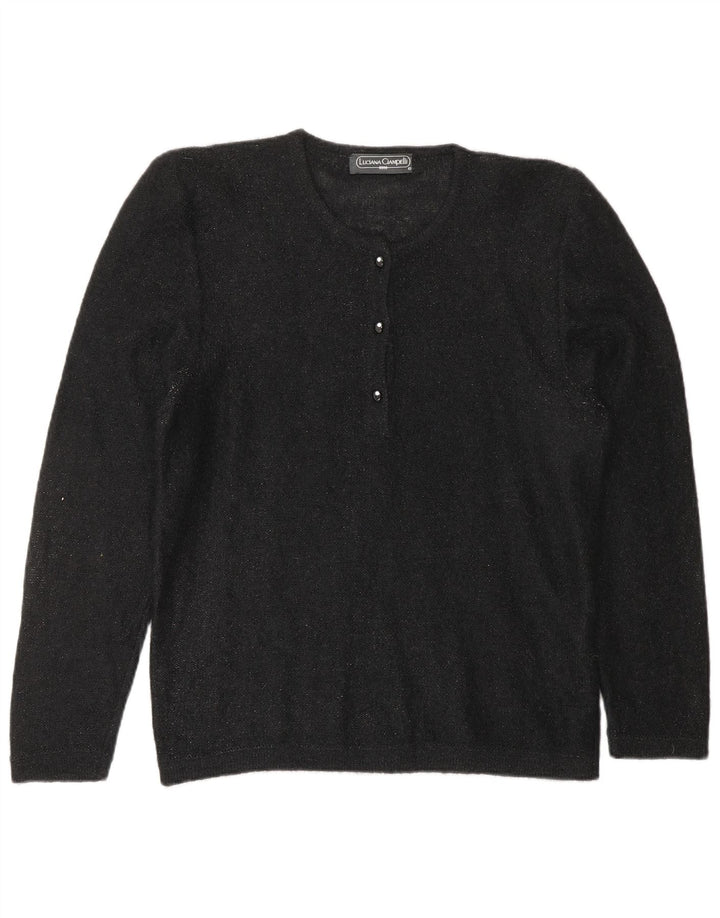 Pulover pentru femei VINTAGE cu gât cu nasturi, UK 10, mohair mic negru cu pete